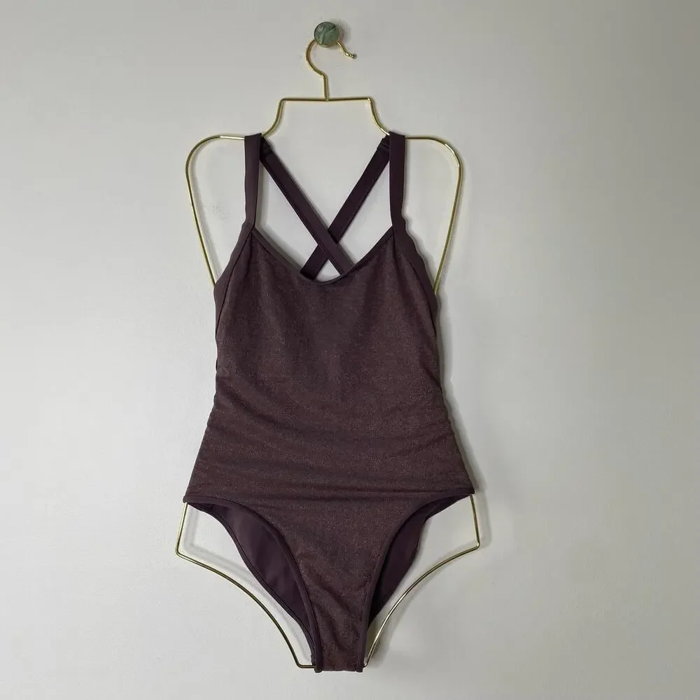 L*SPACE Purple Shimmer Criss Cross Low Back One Piece Swimsuit